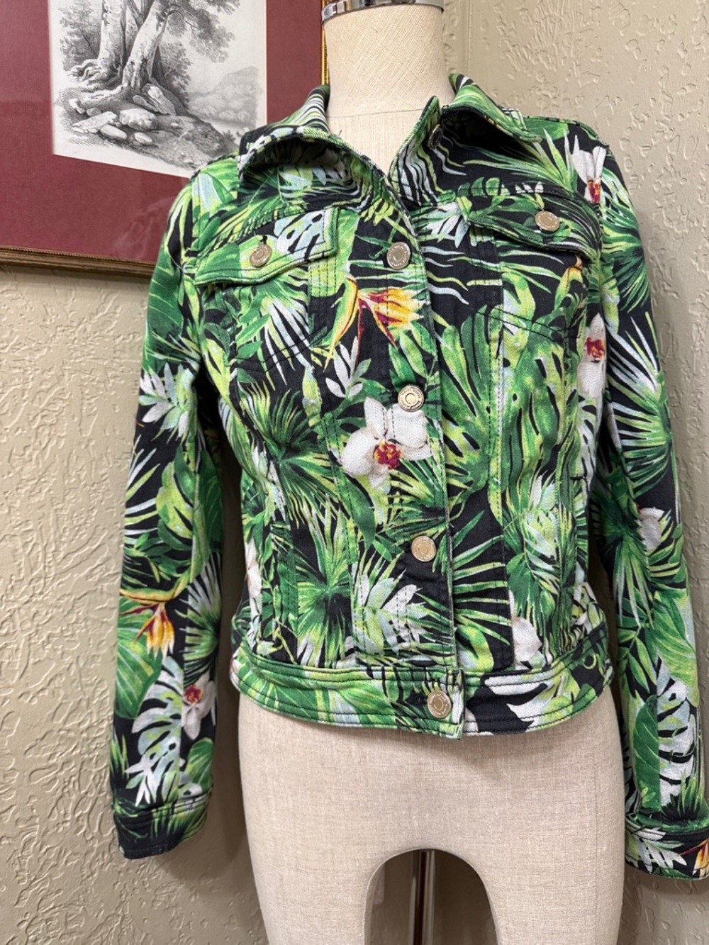 White House Black Market Tropical Green Floral Denim Jacket - Women's sz small